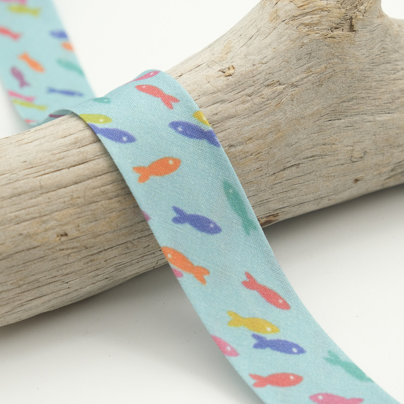 25mm Printed Bias Tape with Multicolored Fish on a Blue Background - Maison Klem